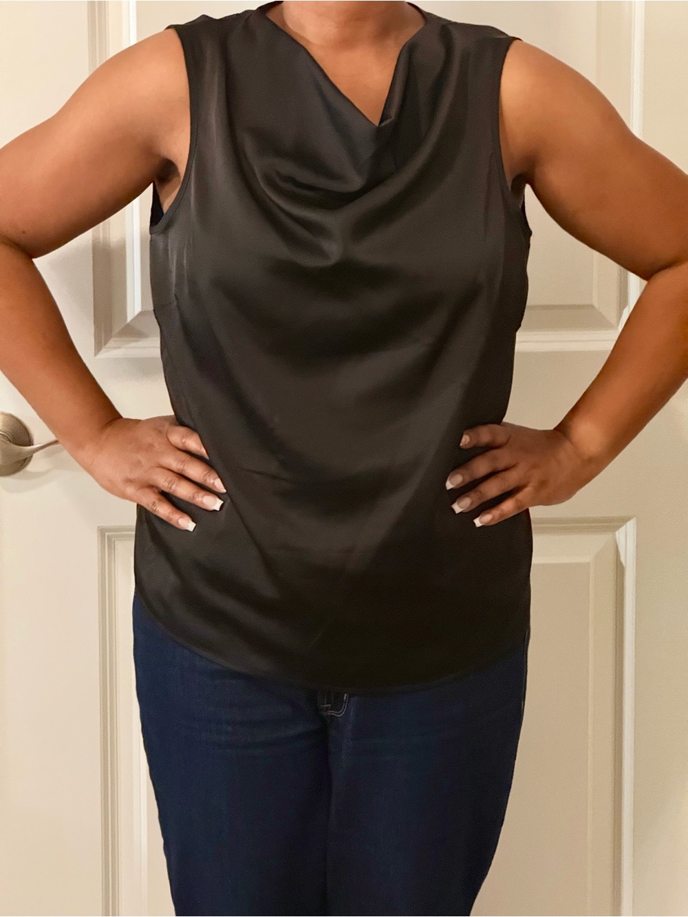 Sleeveless Black Draped Cowl Neck Blouse